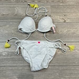 Victoria's Secret The Fabulous White Crochet Bikini Set NWT 34B M Yellow Tassels